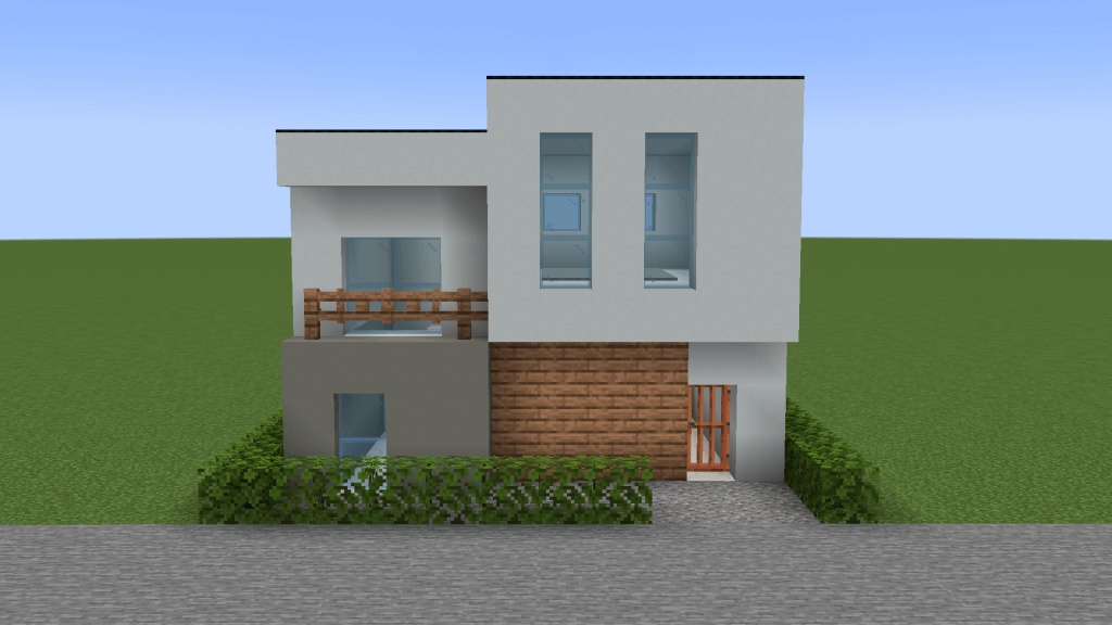 マイクラ建築：コンパクトでモダンな白と木目のツートンカラーの家 正面
