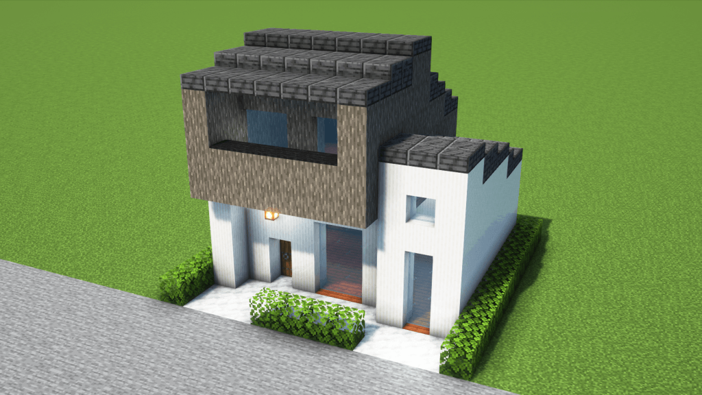 マイクラ建築：コンパクトでモダンな白黒ツートンの家、ベランダ付