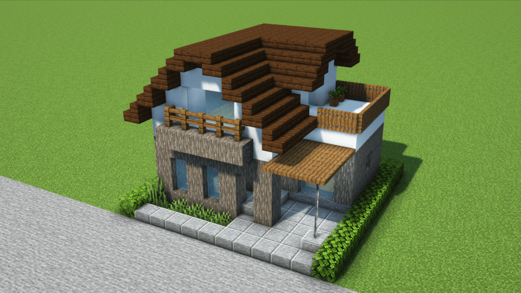 マイクラ建築：コンパクトでシンプルなアカシアと白の上下2色の家。カーポート付き
