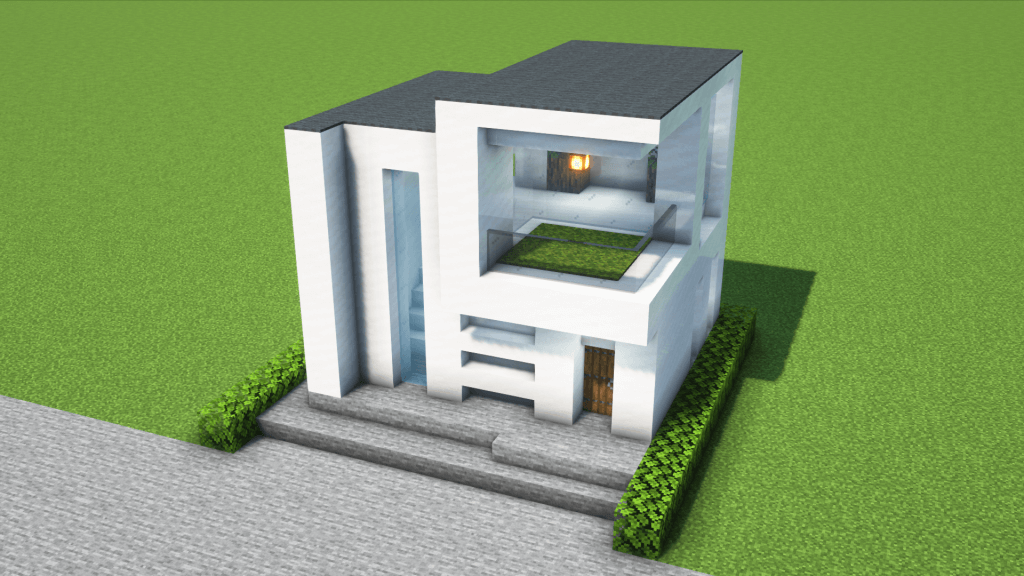 マイクラ建築：コンパクトでモダンな白い家。スリットと大きなベランダ窓