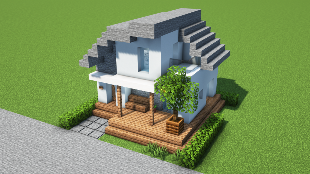 マイクラ建築：シンプルで小さい白とグレーの家。大きなウッドデッキ