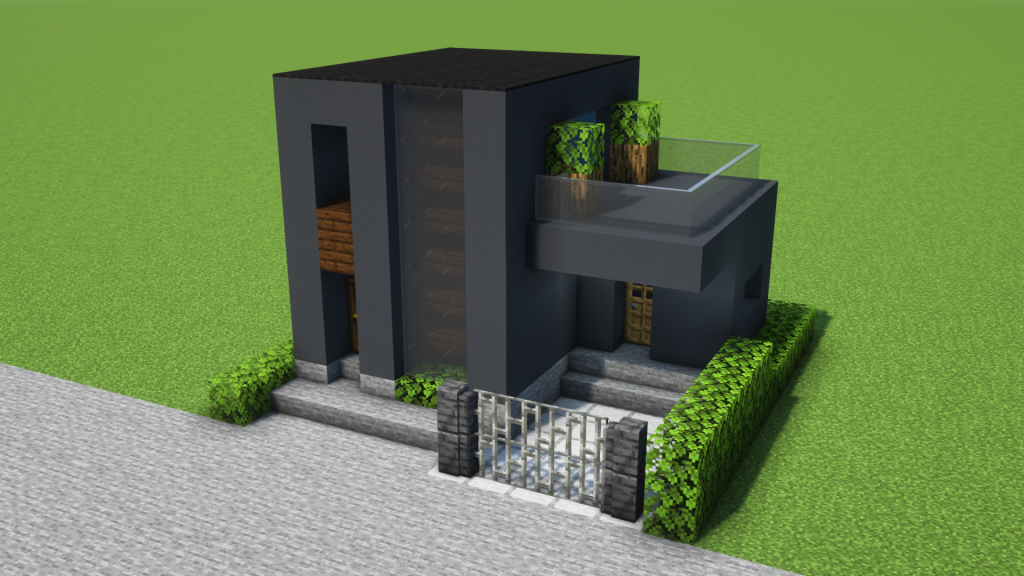 マイクラ建築：モダンな黒い家。テラスとゲート付き駐車スペース有
