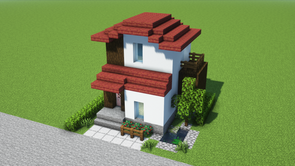マイクラ建築：シンプルな赤い屋根の家。庭に小さな池