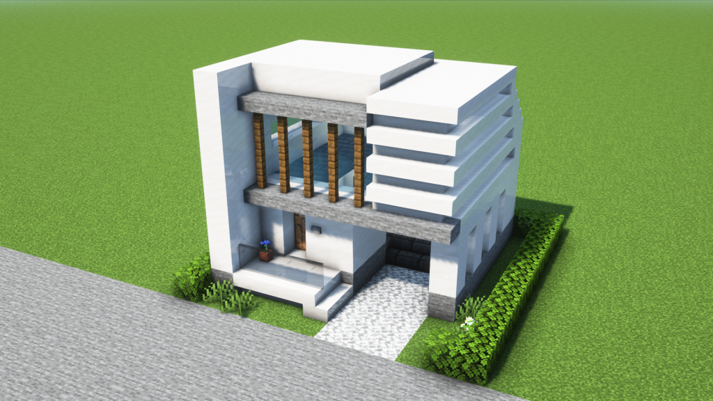 マイクラ建築：コンパクトでモダンな白い家。大きな窓とガレージ付き