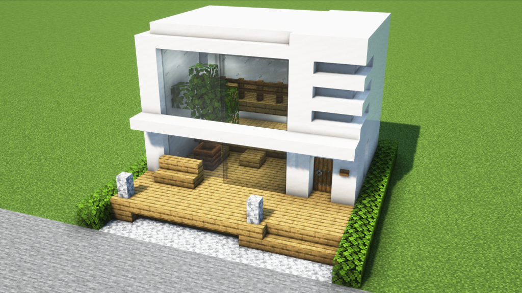マイクラ建築：おしゃれでモダンな大きな窓の白い家。ウッドデッキ付き。簡単10×10