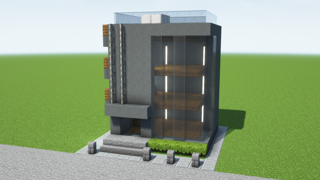 マイクラ建築：おしゃれでモダンな黒いビル。ショーウィンドウ的な窓。簡単10×10