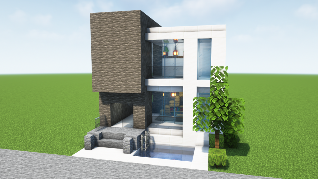 マイクラ建築：おしゃれでモダンなプール付きの家。天窓付き。簡単10×10