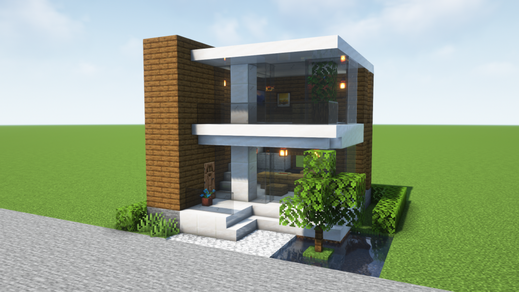 マイクラ建築：おしゃれでモダンな大きな窓の家。庭に池。簡単10×10