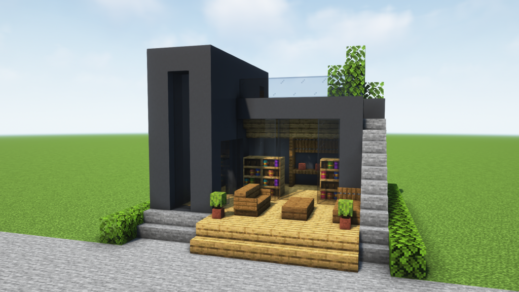 マイクラ建築：おしゃれでモダンな黒い家。デッキと屋上外階段。簡単10×10