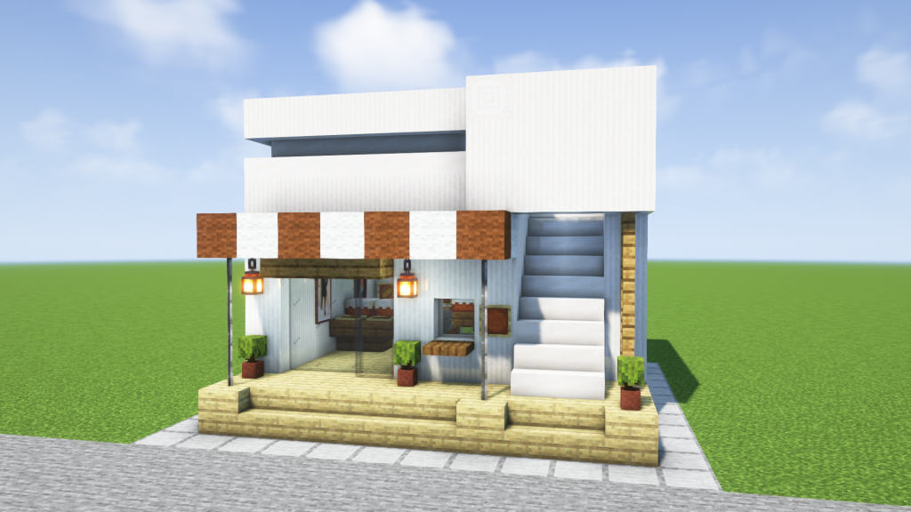 マイクラ建築：おしゃれでモダンなお店。屋上テラスとイートイン付きのパン屋。簡単10×10