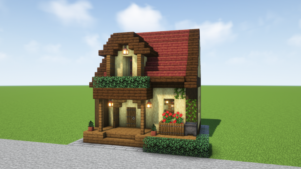 マイクラ建築：おしゃれな赤い屋根付きファンタジー風の家。簡単10×10