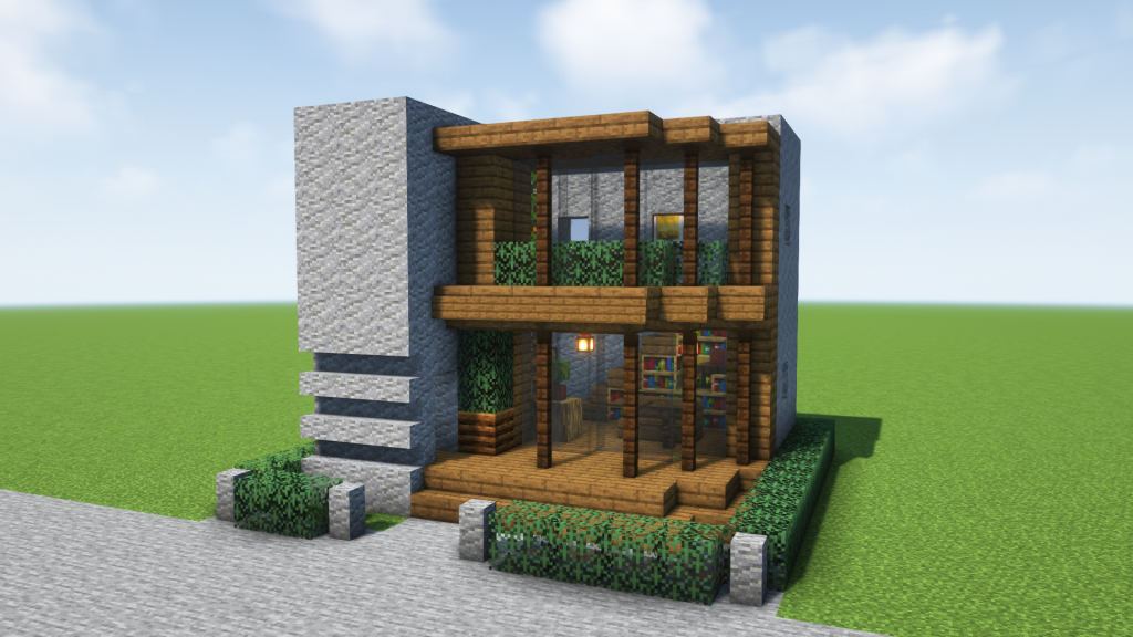 マイクラ建築：木と石で作るおしゃれなモダンハウス。現代建築。簡単10×10 No.57