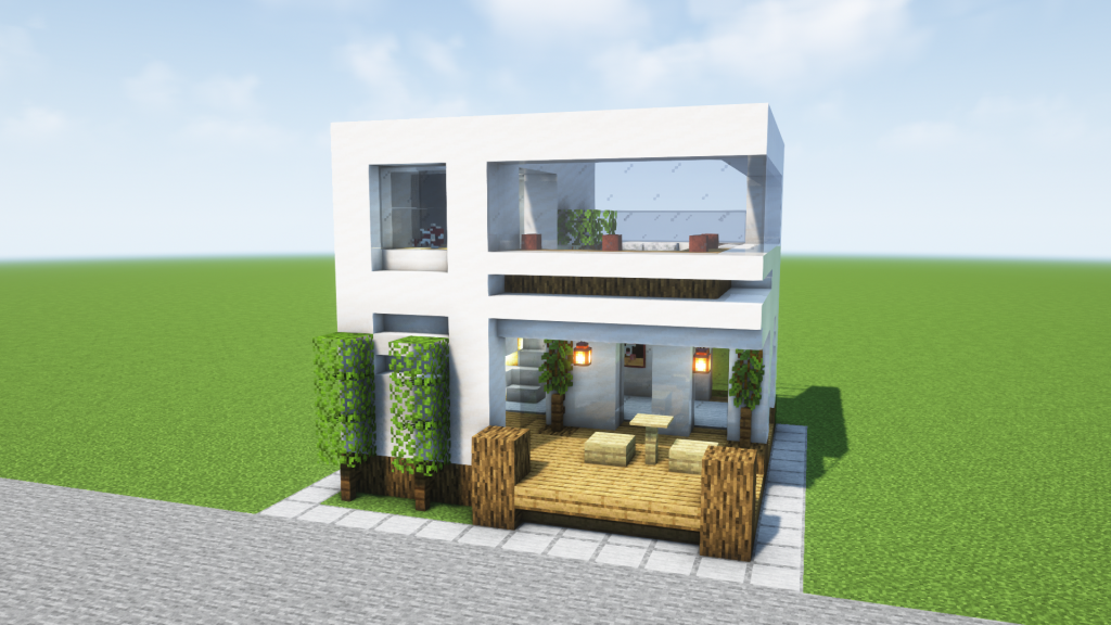 マイクラ建築：おしゃれでモダンな解放感のある白い家。水槽とサンルーム。簡単10×10