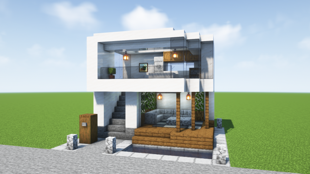 マイクラ建築：おしゃれでモダンな白い家。2階キッチンと開放リビング。簡単10×10