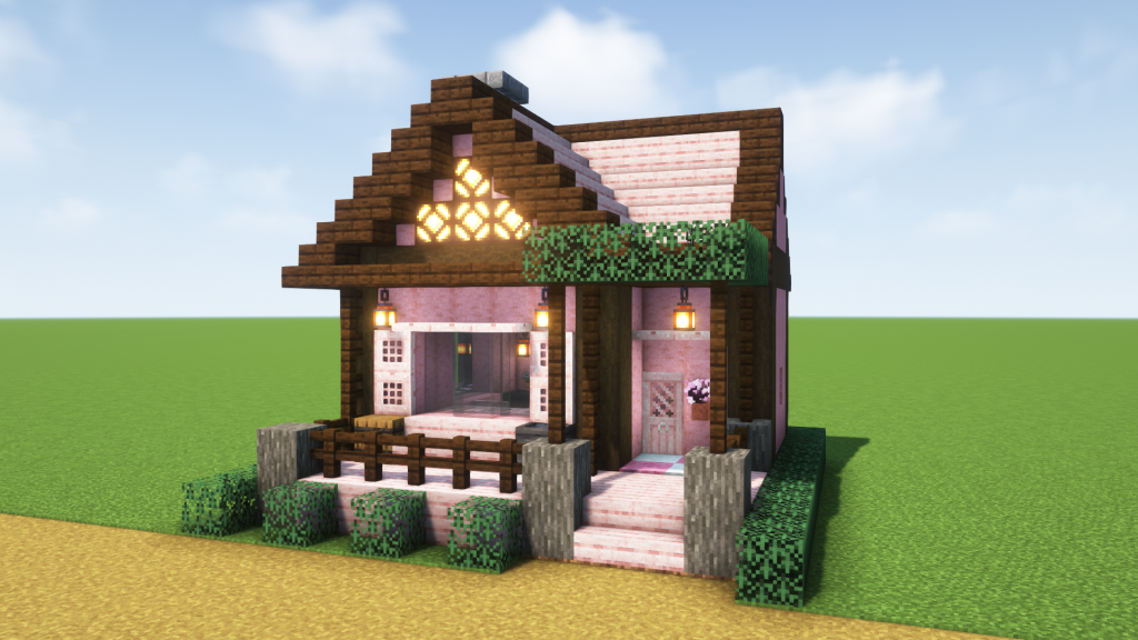 マイクラ建築：桜の木を使ったピンク色のシンプルな洋風の家。簡単10x10。