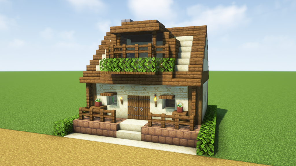 マイクラ建築：木と砂で作る模様入りの壁の家。簡単10x10。