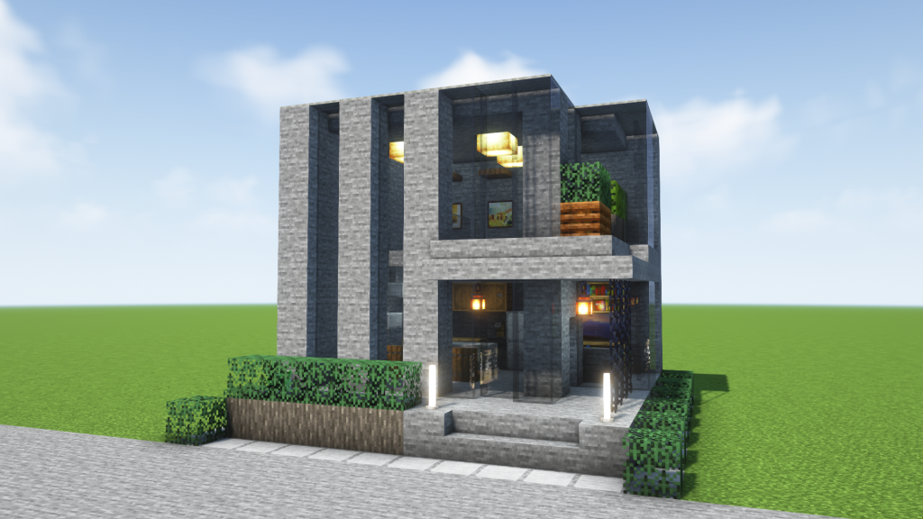 マイクラ建築：石だけで作れるおしゃれでモダンな家。コンクリート打ちっぱなし風。簡単10x10。