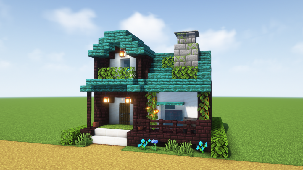 マイクラ建築：ネザーの材料で作る青い屋根の小さな家。簡単10x10。