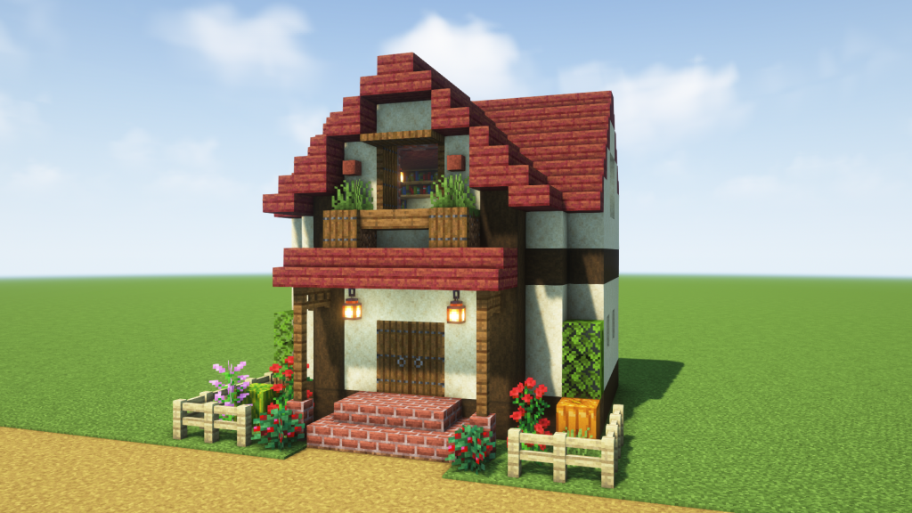 マイクラ建築：暖炉のあるおしゃれな赤い屋根の家。庭に花畑。簡単10x10。