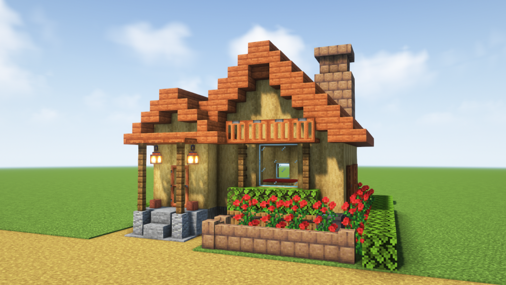 マイクラ建築：オレンジの屋根のおしゃれでシンプルな家。バラの花壇。簡単10x10。