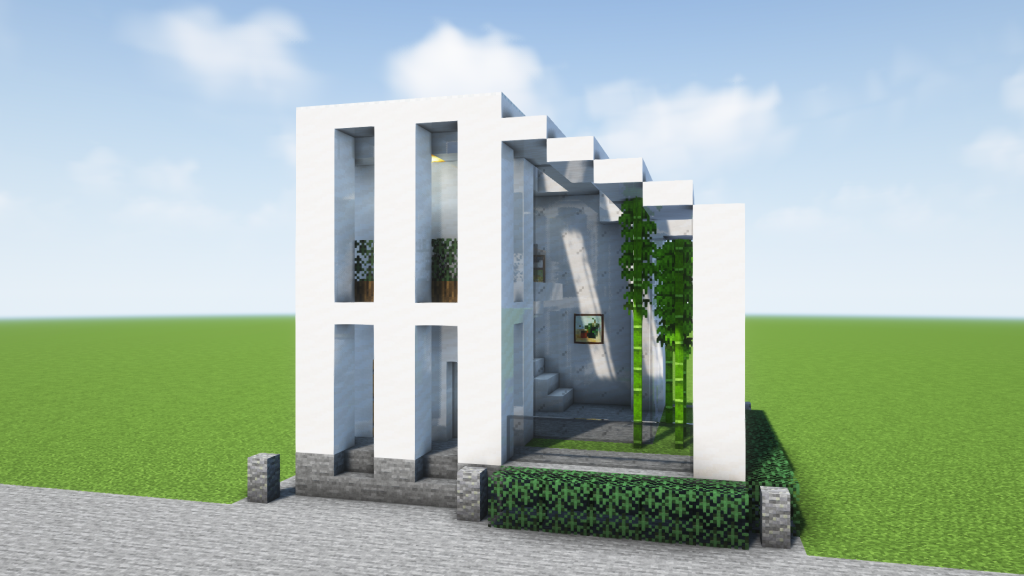 マイクラ建築：竹のあるおしゃれな白いモダンハウス。簡単10x10。No.81