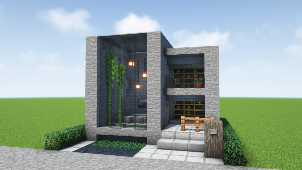 マイクラ建築：石のみで作るおしゃれでモダンな家。大きな吹き抜けフロア。簡単10x10。