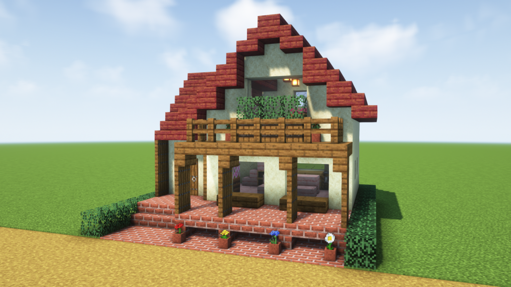 マイクラ建築：おしゃれな2階デッキのある赤い屋根の家。簡単10x10。