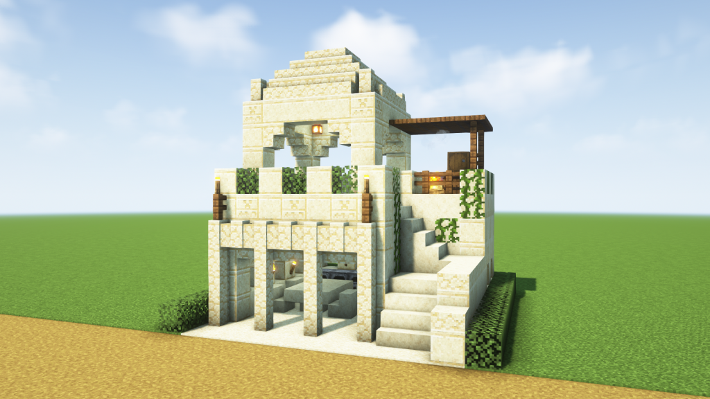 マイクラ建築：砂漠の拠点に使える砂のお城風の家。屋上にプール付き。簡単10x10。