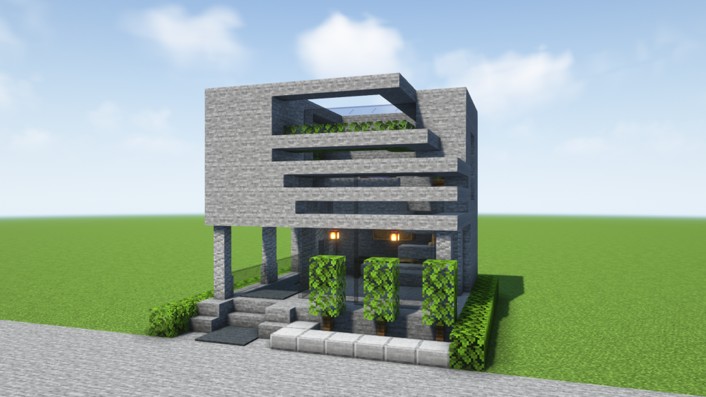 マイクラ建築：石だけで作れるおしゃれでモダンな家。スリット窓。簡単10×10。