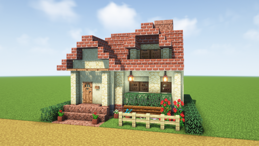 マイクラ建築：レンガ屋根の小さいシンプルな家。煙突と暖炉付き。簡単10×10。