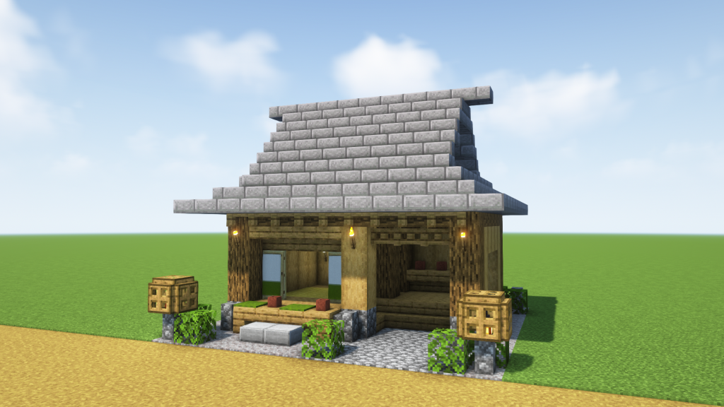 マイクラ和風建築：石と木だけで作る和風の入母屋根の家。簡単10×10。No.99