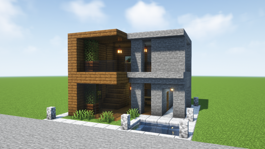 マイクラ建築：木と石で作れる小さなプール付きのモダンな家。簡単10×10。