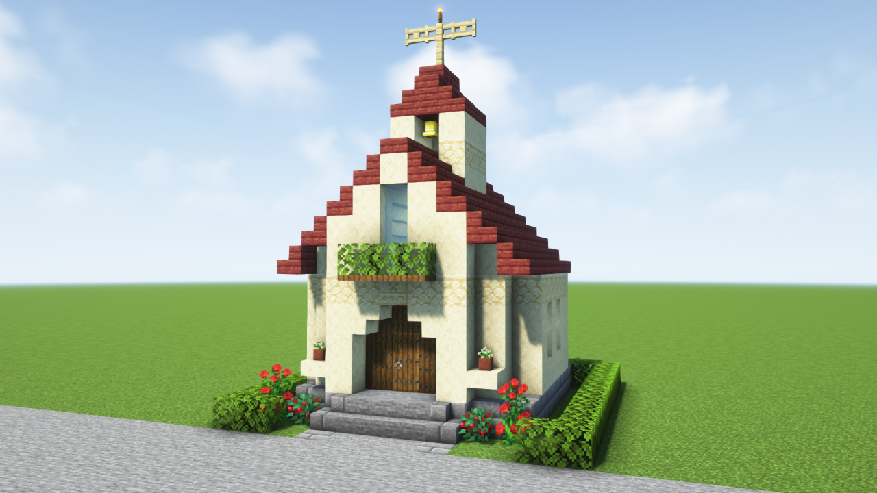 マイクラ建築：赤い屋根の小さな教会。簡単10×10。