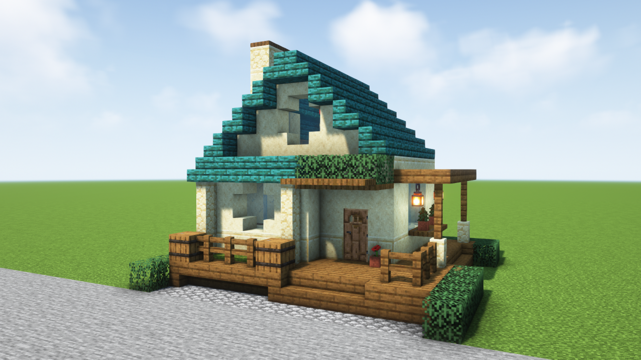 マイクラ建築：丸い窓のある青屋根の小さい家。簡単10×10。