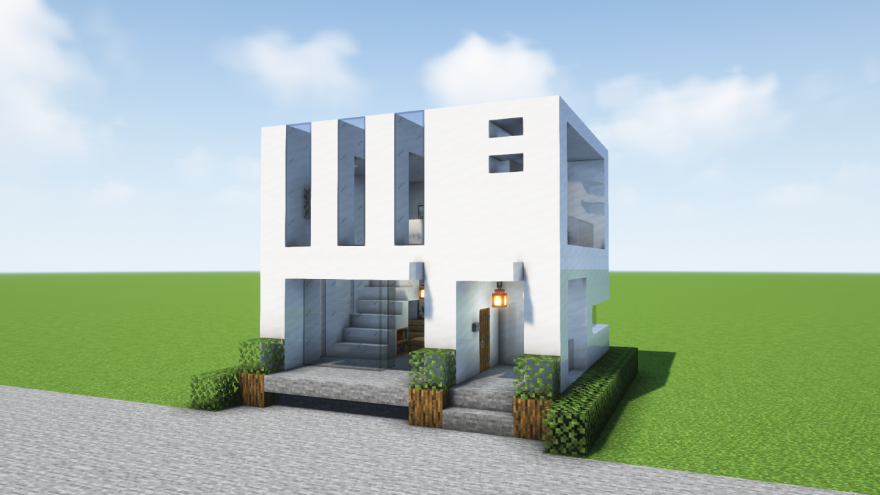 マイクラ建築：おしゃれでモダンなキューブ型の白い家。簡単10×10。