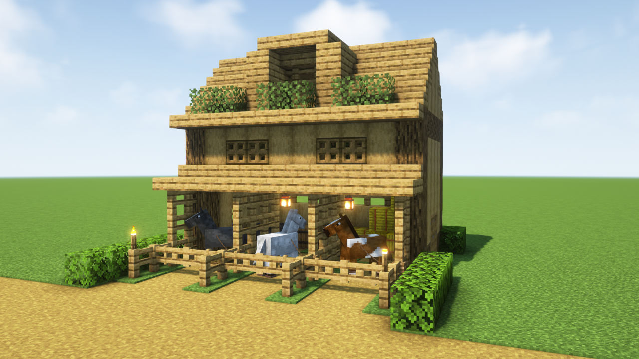 マイクラ建築：木だけで作る実用的な馬小屋。簡単10×10。