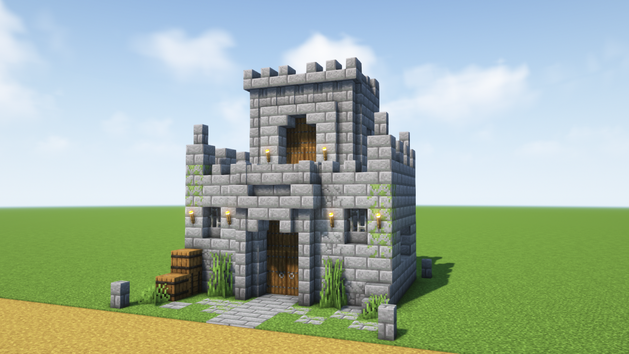 マイクラ建築：ファンタジー風の城門のある砦。内装に検問所と牢屋。簡単10×10。