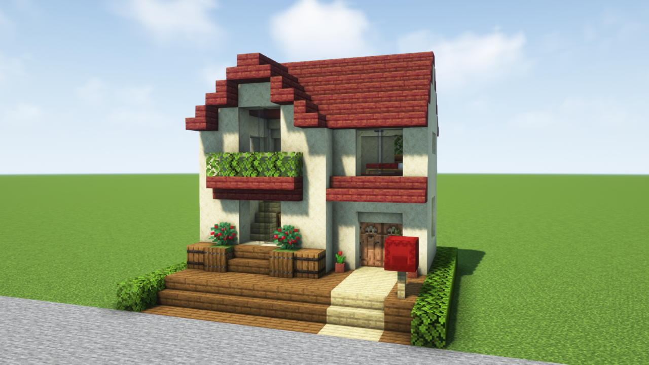 マイクラ建築：シンプルな赤い屋根の2階建ての家。簡単10×10。