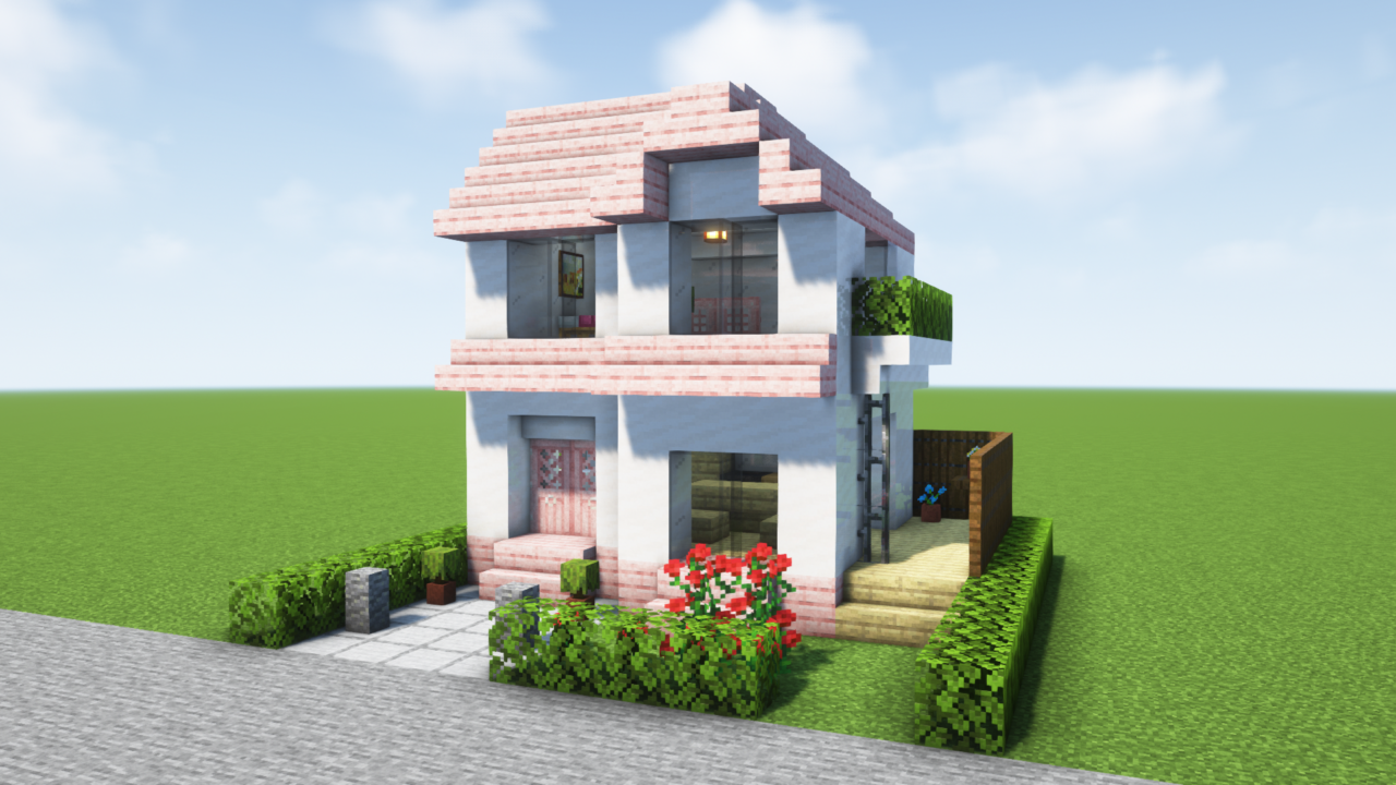 マイクラ建築：桜の木を使ったピンク屋根のかわいい家。簡単10×10。