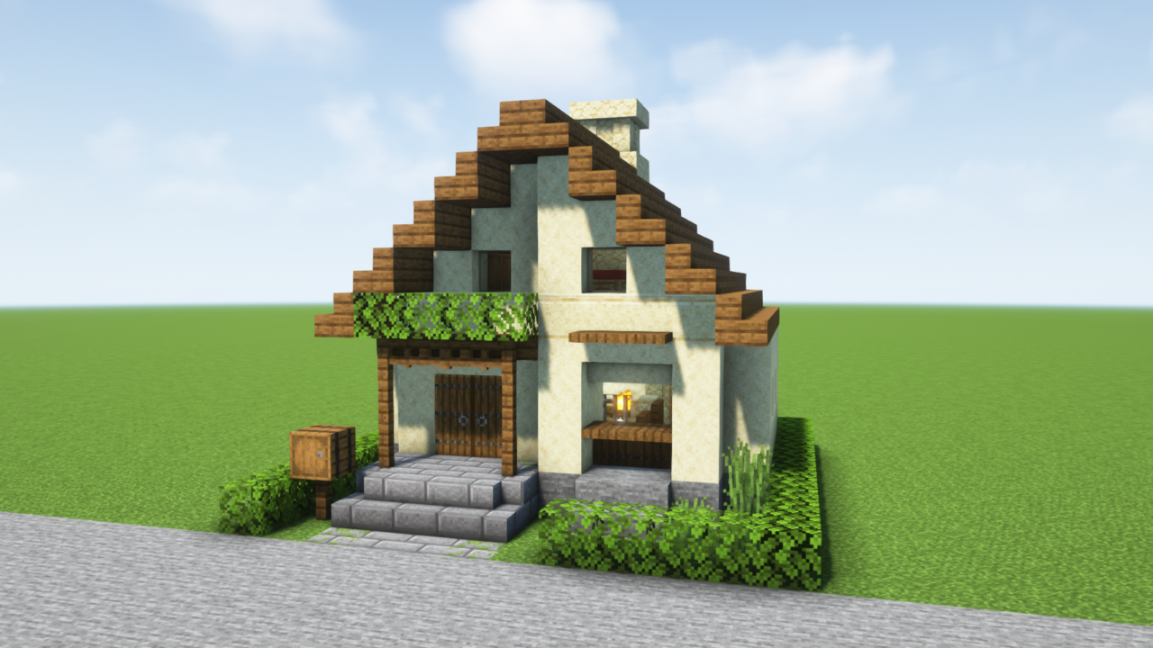 マイクラ建築：砂岩とトウヒで作る暖炉と煙突のある家。簡単10×10。