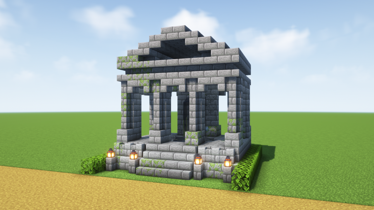 マイクラ建築：石の神殿。内部の装飾に壁泉。簡単10×10。