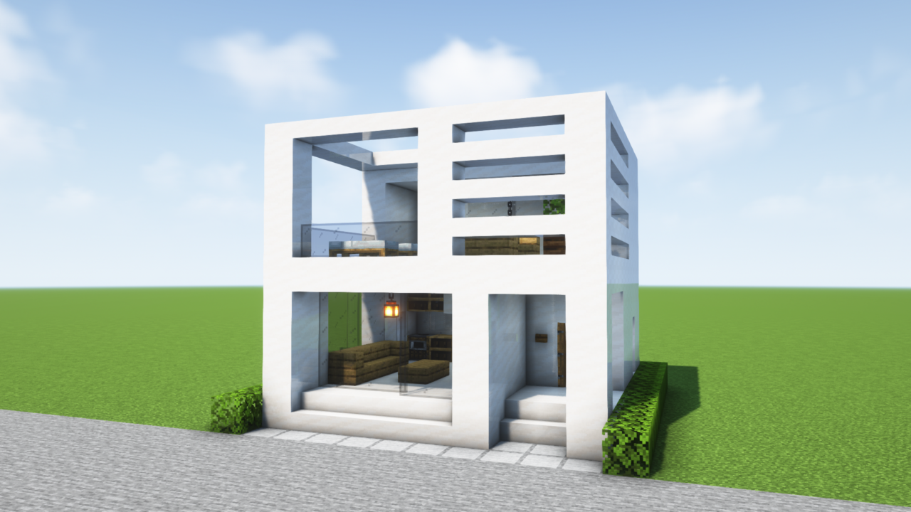 マイクラ建築：おしゃれでモダンなルーフバルコニー付きの白い家。簡単10×10。
