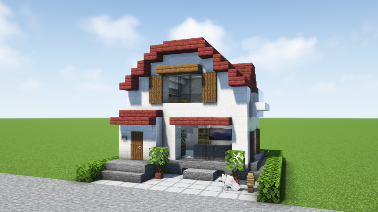マイクラ建築：赤い屋根の現代風の民家。簡単10×10。