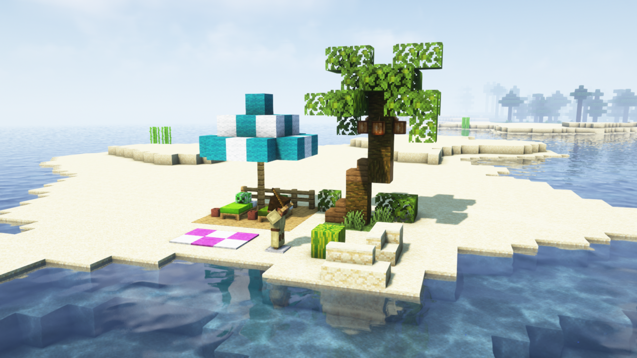 マイクラ建築：ヤシの木のある小さなビーチ。簡単10×10。