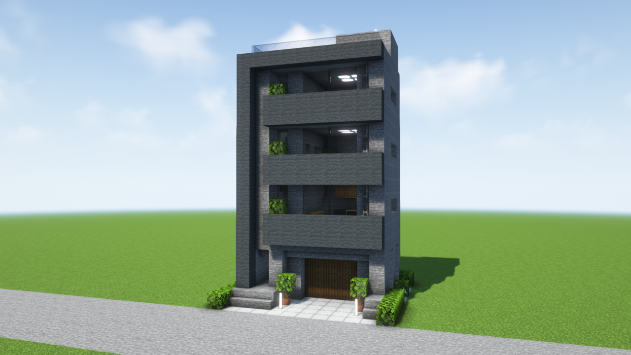 マイクラ建築：石で作る4階建てのモダンなビル住宅。簡単10×10。No.143