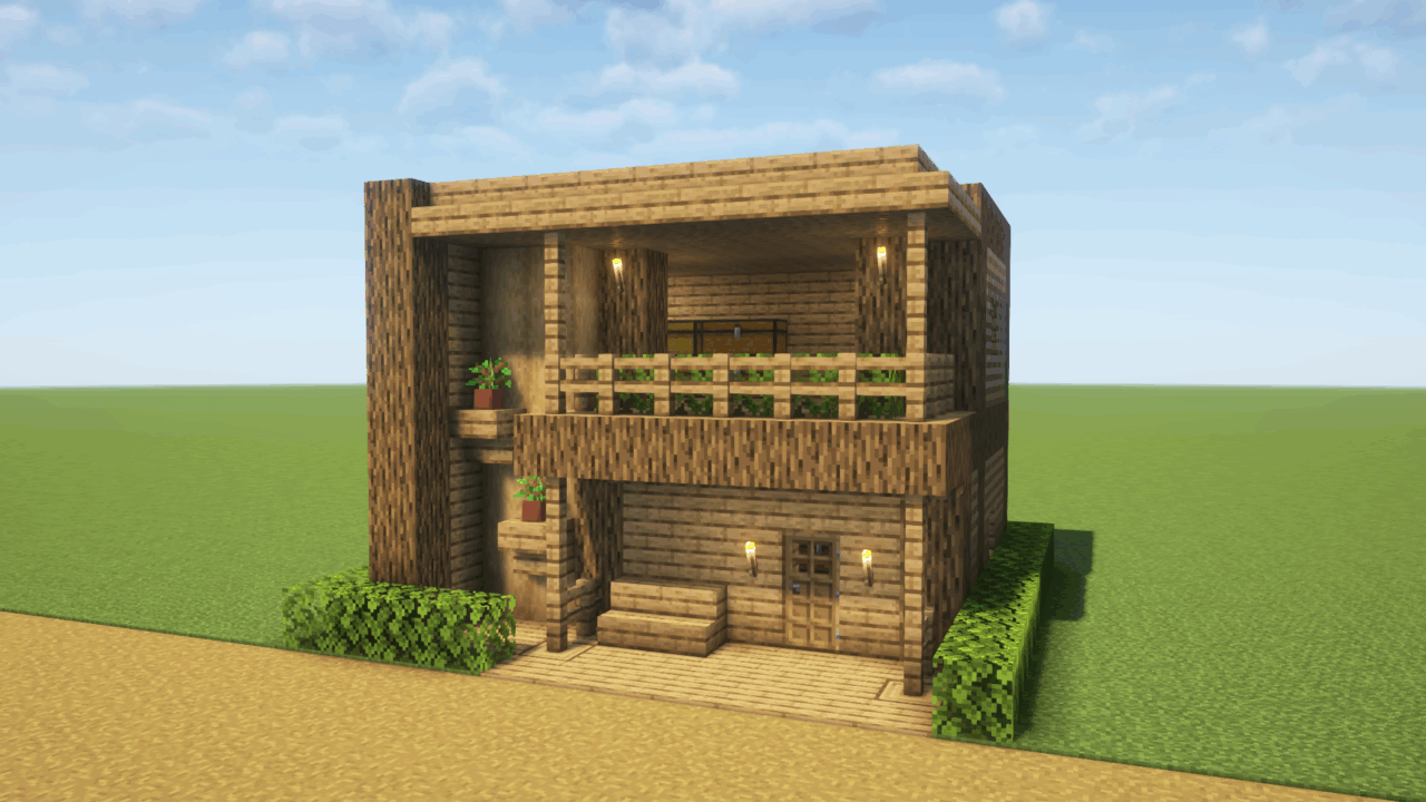 マイクラ建築:簡単に作れる序盤の拠点向け木の家。簡単10×10。