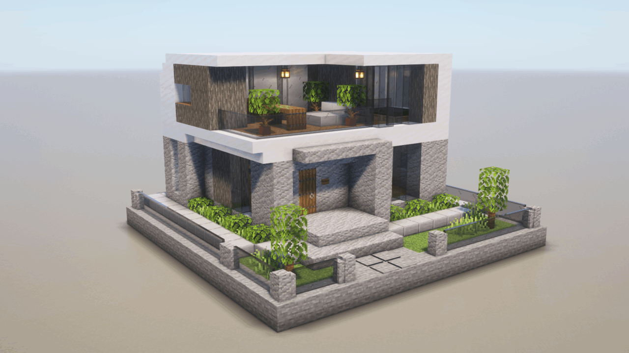 マイクラ建築：モダンな家。2階テラス付き。簡単16×16。