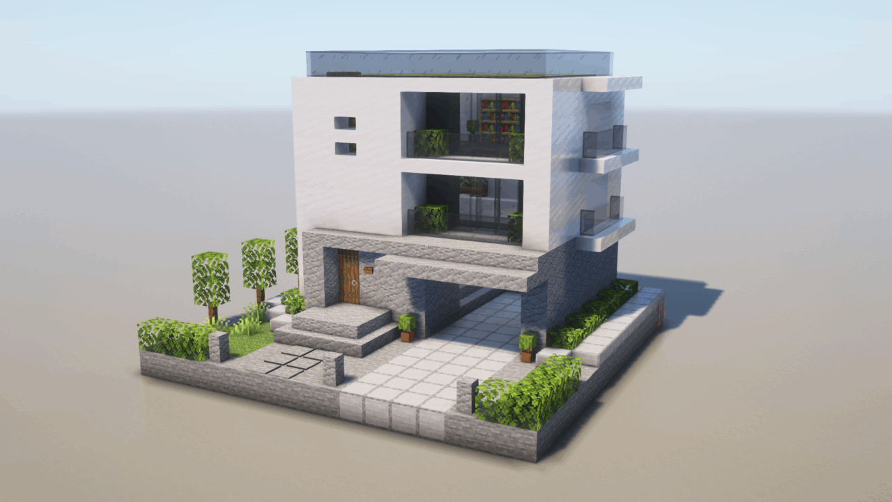 マイクラ建築：3階建てのモダンな家。ガレージ付き。簡単16×16。