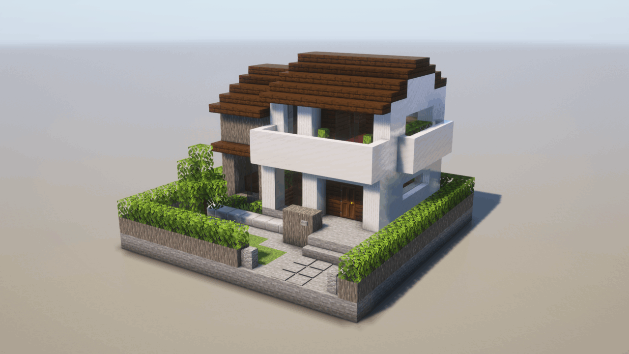 マイクラ建築:モダンな家。現代建築の一軒家。簡単16×16。