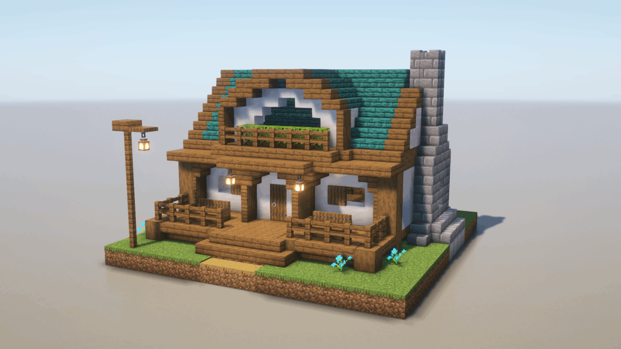 マイクラ建築：青い屋根の洋風の家。簡単16×16。